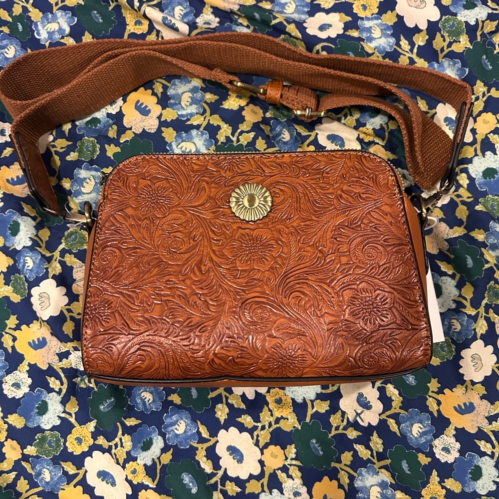 Floral Embossed Tan Leather Crossbody Bag